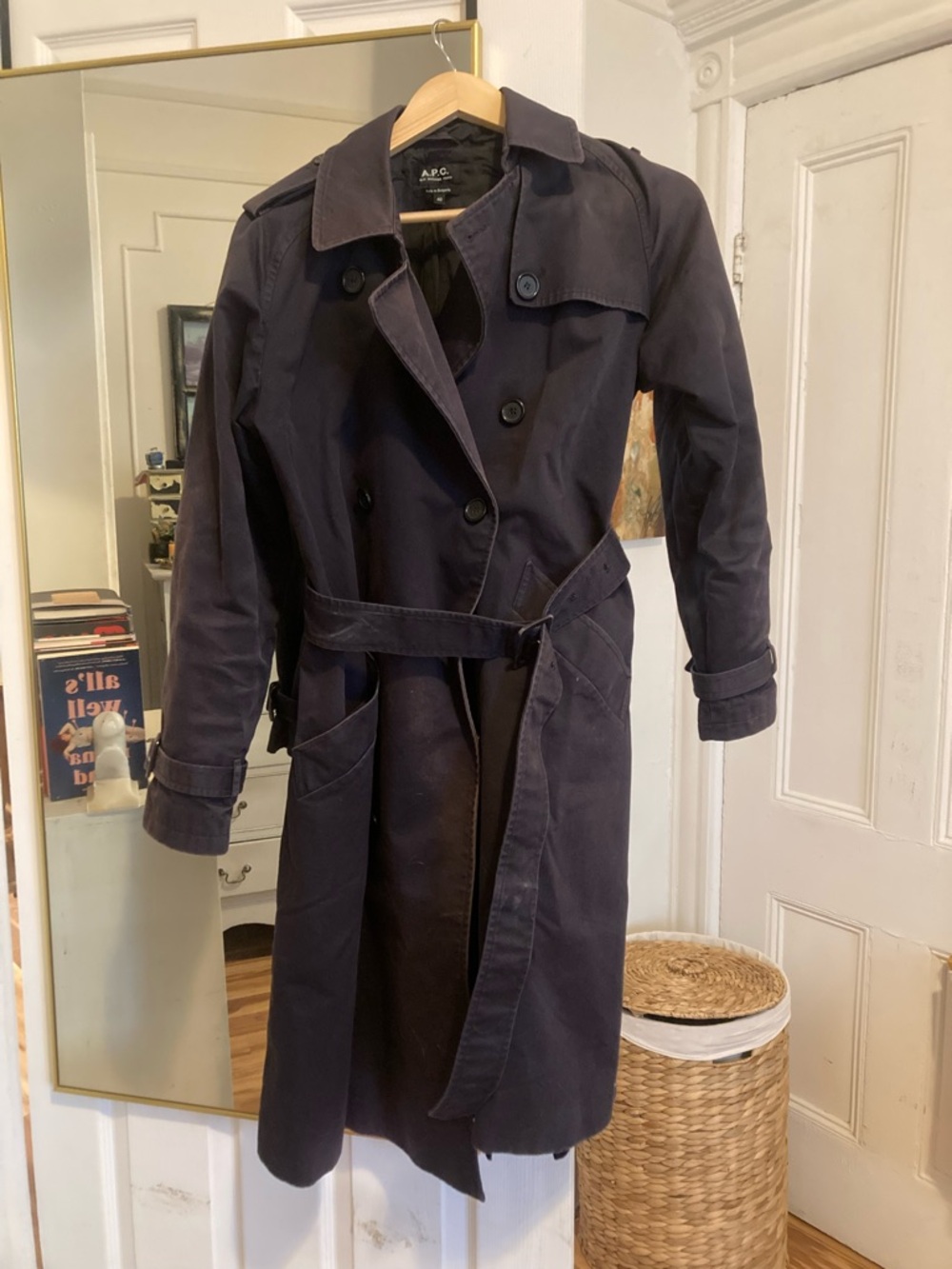 A.P.C. Double-Breasted Navy Trench Coat with Belt